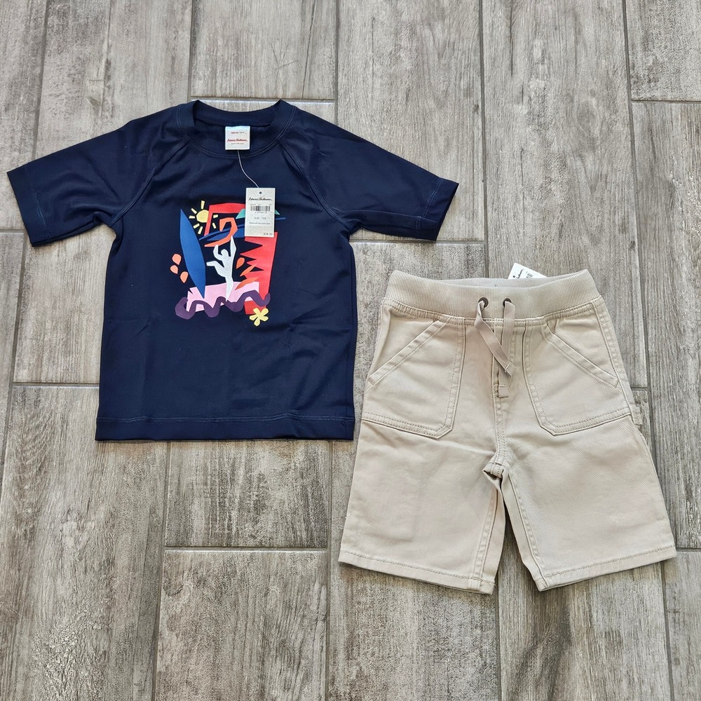 Hanna Andersson Rash Guard Shorts Set Boys 4 NEW Blue Tan Surfer Summer Outfit